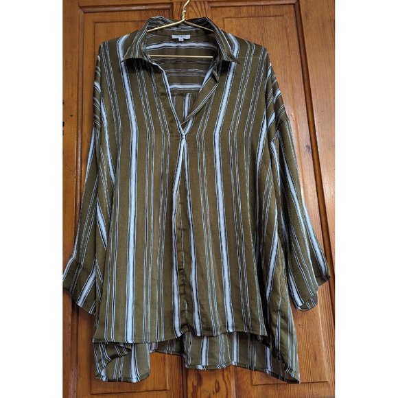 Umgee Top Womens Large Green White Striped Gauzy Oversized Tunic Blouse - Picture 2 of 8